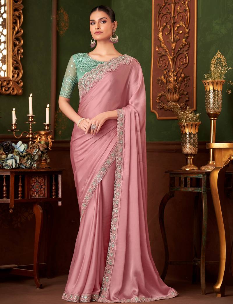 Baby pink silk chiffon saree, lace border with heavy embroidered blouse for special occasions