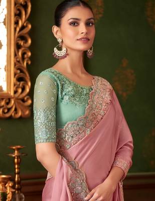 Baby pink silk chiffon saree, lace border with heavy embroidered blouse for special occasions 2