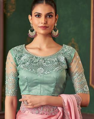 Baby pink silk chiffon saree, lace border with heavy embroidered blouse for special occasions 3