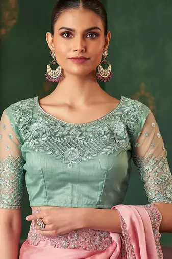 Baby pink silk chiffon saree, lace border with heavy embroidered blouse for special occasions