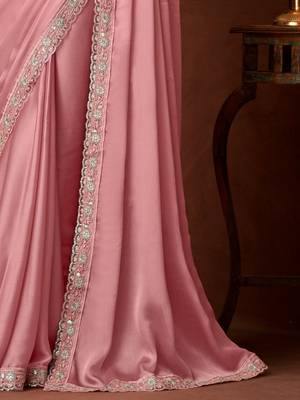 Baby pink silk chiffon saree, lace border with heavy embroidered blouse for special occasions 4