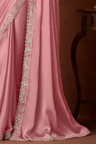 Baby pink silk chiffon saree, lace border with heavy embroidered blouse for special occasions