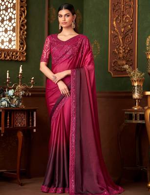 Pink wine shaded satin chiffon saree, lace border with heavy embroidered blouse for special occasions 1