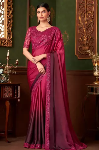 Pink wine shaded satin chiffon saree, lace border with heavy embroidered blouse for special occasions