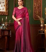 Pink wine shaded satin chiffon saree, lace border with heavy embroidered blouse for special occasions