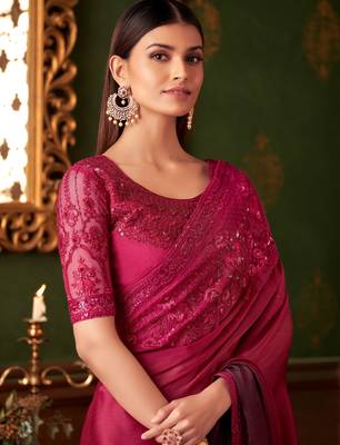 Pink wine shaded satin chiffon saree, lace border with heavy embroidered blouse for special occasions 2