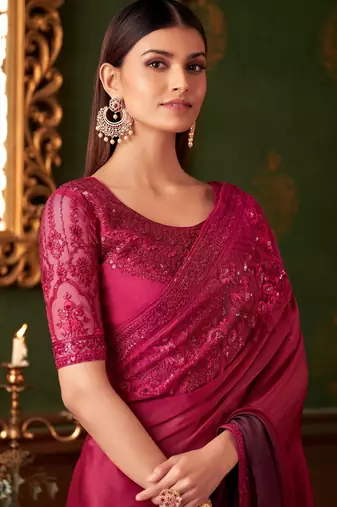 Pink wine shaded satin chiffon saree, lace border with heavy embroidered blouse for special occasions