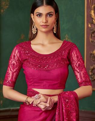 Pink wine shaded satin chiffon saree, lace border with heavy embroidered blouse for special occasions 3