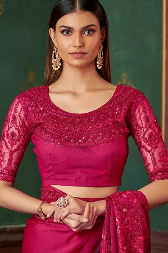 Pink wine shaded satin chiffon saree, lace border with heavy embroidered blouse for special occasions