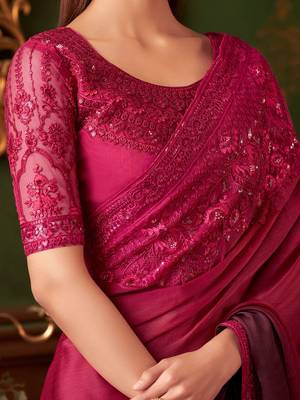 Pink wine shaded satin chiffon saree, lace border with heavy embroidered blouse for special occasions 4
