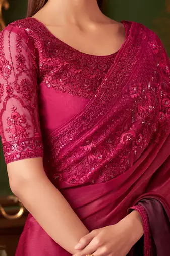 Pink wine shaded satin chiffon saree, lace border with heavy embroidered blouse for special occasions