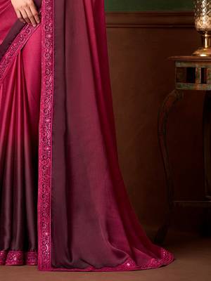 Pink wine shaded satin chiffon saree, lace border with heavy embroidered blouse for special occasions 5
