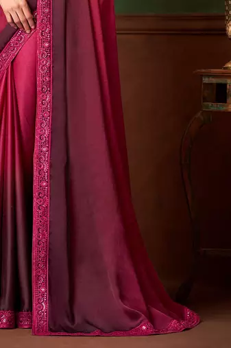 Pink wine shaded satin chiffon saree, lace border with heavy embroidered blouse for special occasions