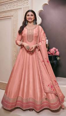 peach georgette readymade anarkali with dupatta 1