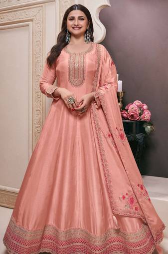 Peach Georgette Readymade Anarkali with Dupatta
