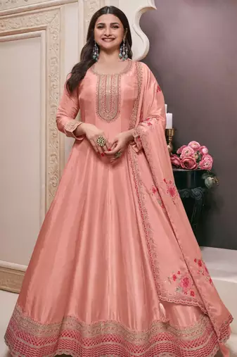 Peach Georgette Readymade Anarkali with Dupatta