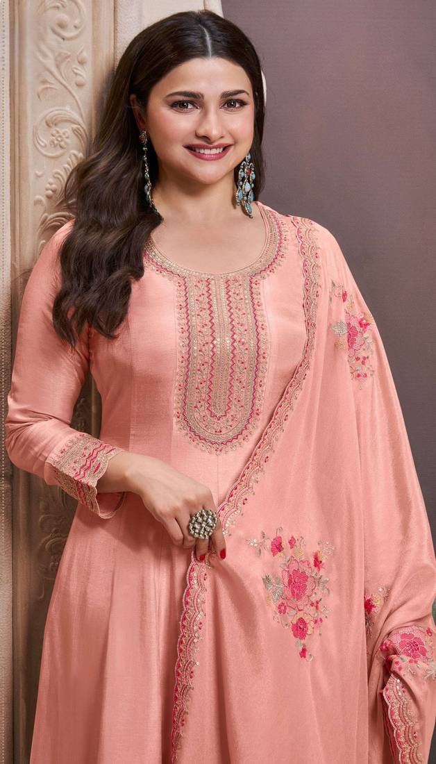 Peach Georgette Readymade Anarkali with Dupatta