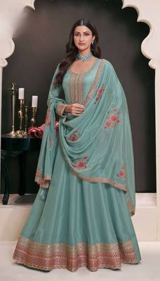sky blue moonga silk anarkali suit  1