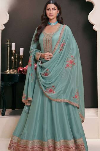 Sky Blue Moonga Silk Anarkali Suit 