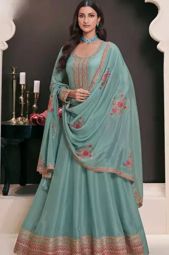 Sky Blue Moonga Silk Anarkali Suit 