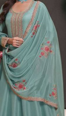 sky blue moonga silk anarkali suit  2