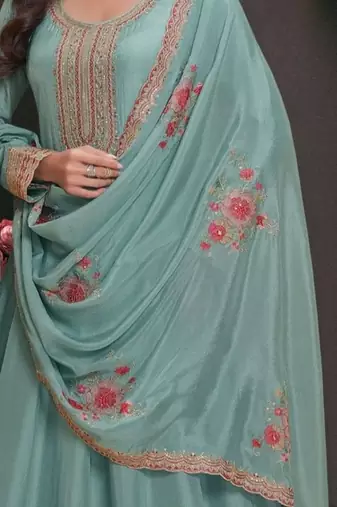 sky blue moonga silk anarkali suit 