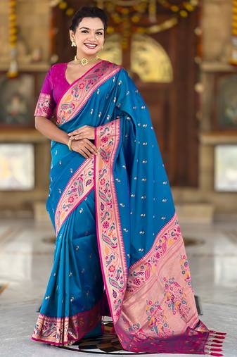 sky blue faux banarasi silk blend saree with paithani rich weaved pallu and blouse