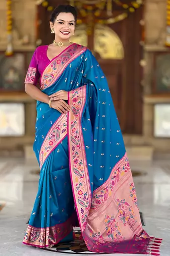 sky blue faux banarasi silk blend saree with paithani rich weaved pallu and blouse