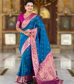 sky blue faux banarasi silk blend saree with paithani rich weaved pallu and blouse