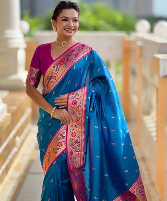 sky blue faux banarasi silk blend saree with paithani rich weaved pallu and blouse 3