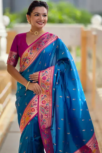 sky blue faux banarasi silk blend saree with paithani rich weaved pallu and blouse