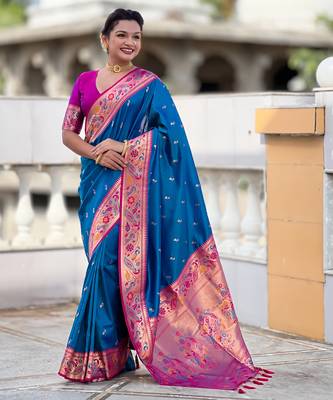 sky blue faux banarasi silk blend saree with paithani rich weaved pallu and blouse 4