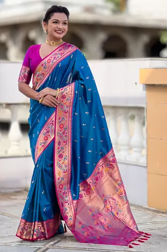sky blue faux banarasi silk blend saree with paithani rich weaved pallu and blouse