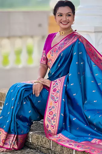 sky blue faux banarasi silk blend saree with paithani rich weaved pallu and blouse