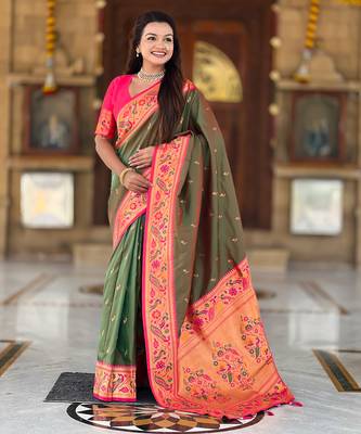 dark_green faux banarasi silk blend saree with paithani rich weaved pallu and blouse 1
