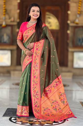 dark_green faux banarasi silk blend saree with paithani rich weaved pallu and blouse