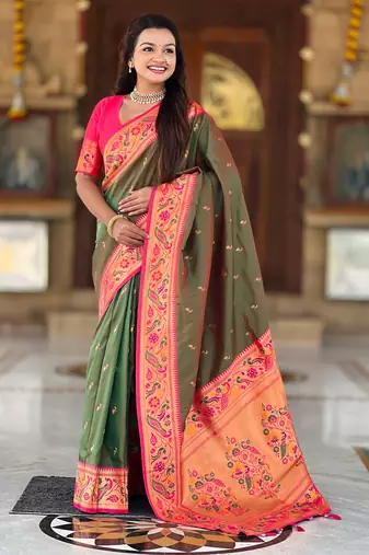 dark_green faux banarasi silk blend saree with paithani rich weaved pallu and blouse