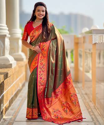 dark_green faux banarasi silk blend saree with paithani rich weaved pallu and blouse 2