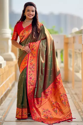 dark_green faux banarasi silk blend saree with paithani rich weaved pallu and blouse