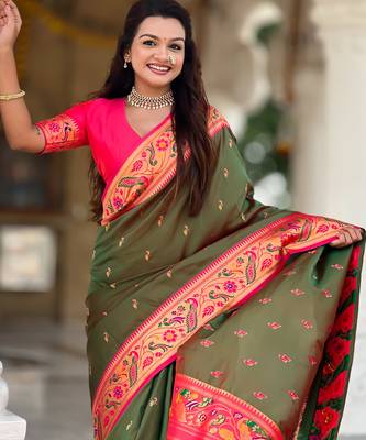 dark_green faux banarasi silk blend saree with paithani rich weaved pallu and blouse 3