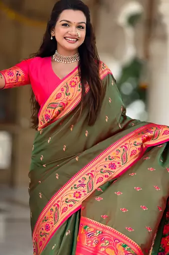 dark_green faux banarasi silk blend saree with paithani rich weaved pallu and blouse