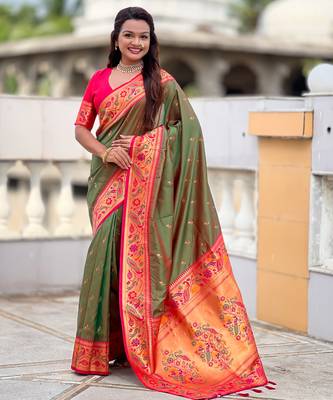 dark_green faux banarasi silk blend saree with paithani rich weaved pallu and blouse 4