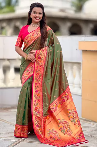dark_green faux banarasi silk blend saree with paithani rich weaved pallu and blouse