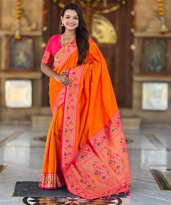 orange  faux banarasi silk blend saree with paithani rich weaved pallu and blouse 1