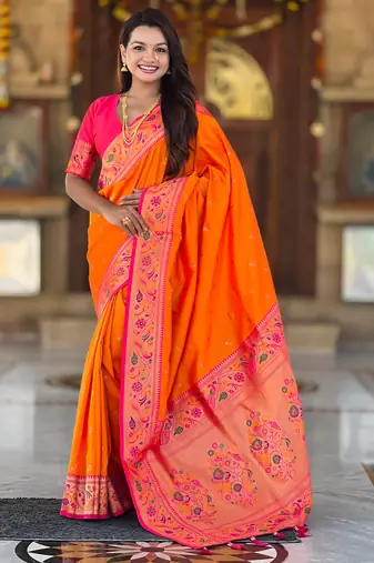orange   faux banarasi silk blend saree with paithani rich weaved pallu and blouse