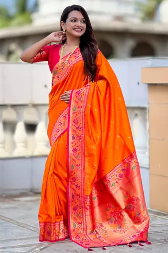 orange  faux banarasi silk blend saree with paithani rich weaved pallu and blouse
