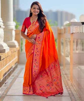 orange  faux banarasi silk blend saree with paithani rich weaved pallu and blouse 4