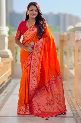 orange  faux banarasi silk blend saree with paithani rich weaved pallu and blouse