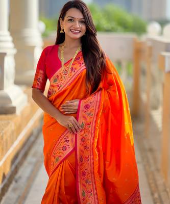 orange  faux banarasi silk blend saree with paithani rich weaved pallu and blouse 5