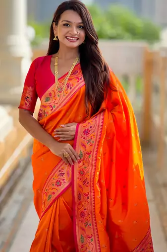 orange  faux banarasi silk blend saree with paithani rich weaved pallu and blouse